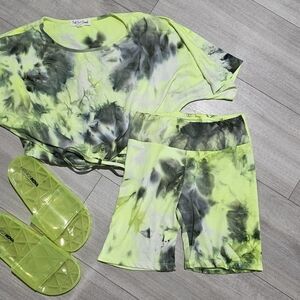Tie-Dye Matching Set - Lime & Charcoal Shots And Top & Matching Slides Juniors